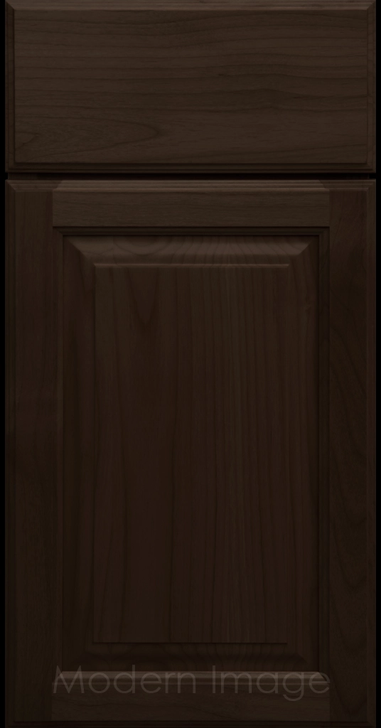 Chocolate stained Hampton raised panel kitchen cabinets with flat slab drawer fronts.